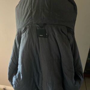 Men’s lightly used Vince suede and leather black zip up hooded jacket in black